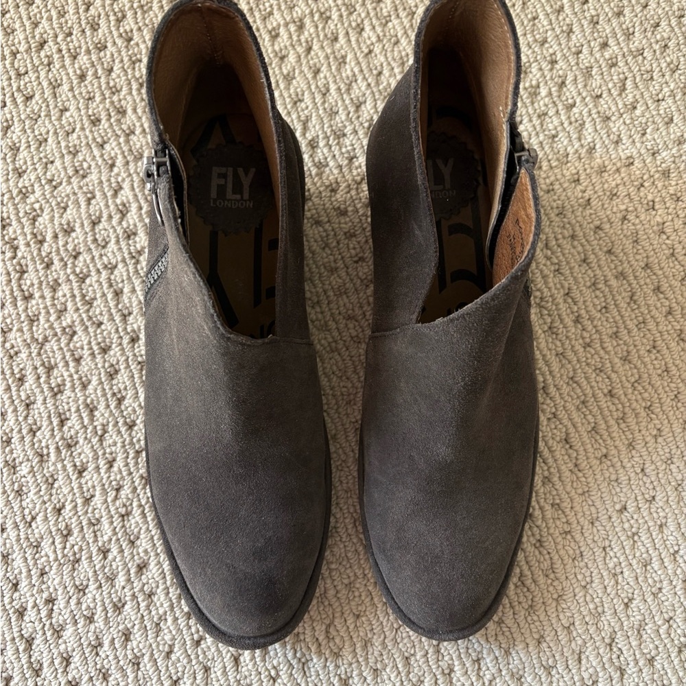 FLY London Dark Gray Suede Ankle Booties